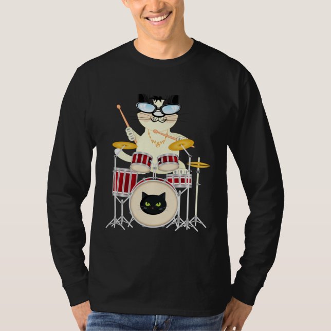 Cute Cat Playing Drum Drums & Cats   Drummer T-Shirt (Front)