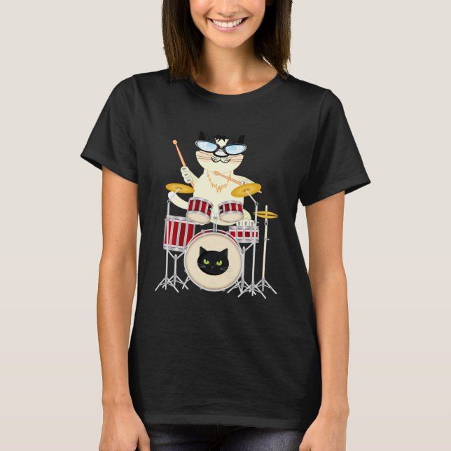 Cute Cat Playing Drum Drums & Cats   Drummer T-Shirt (Front)