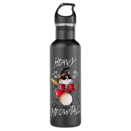 Cute Cat Playing Drum Meowtal Heavy Meowtalpng Stainless Steel Water Bottle