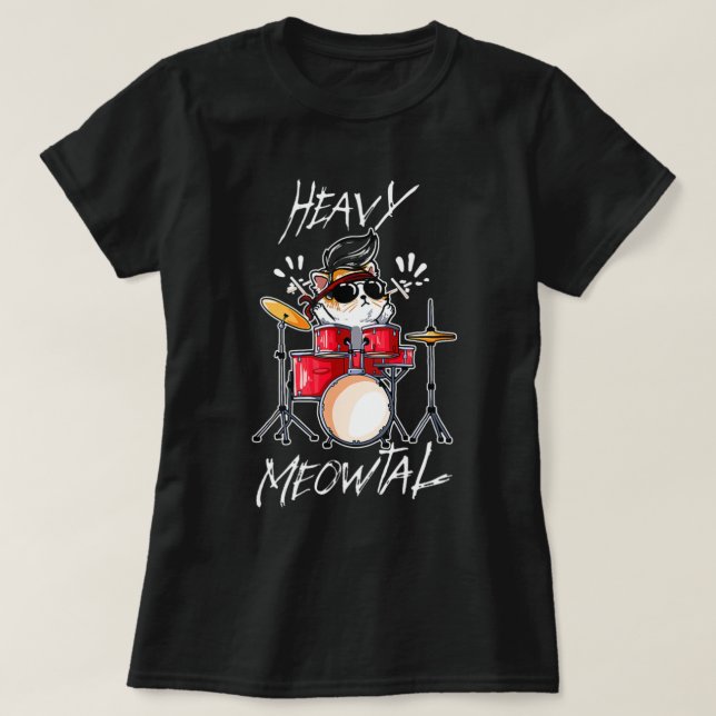 Cute Cat Playing Drum Meowtal Heavy Meowtal.png T-Shirt (Design Front)