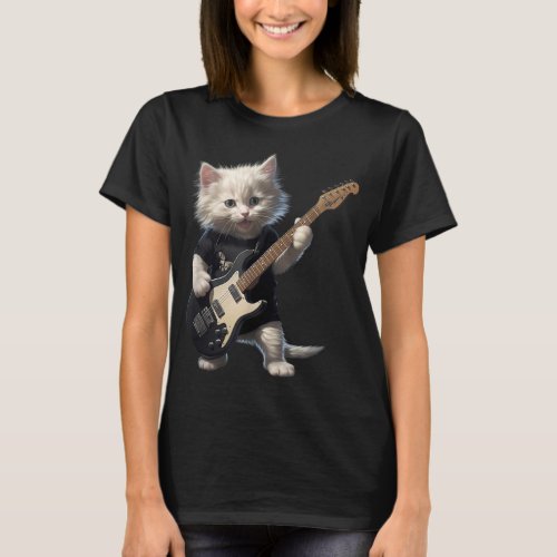 Cute Cat Playing Electric Guitar Rocker Cat Music  T_Shirt