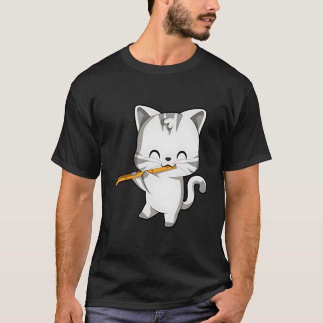 Cute Cat Playing Flute T-Shirt (Front)