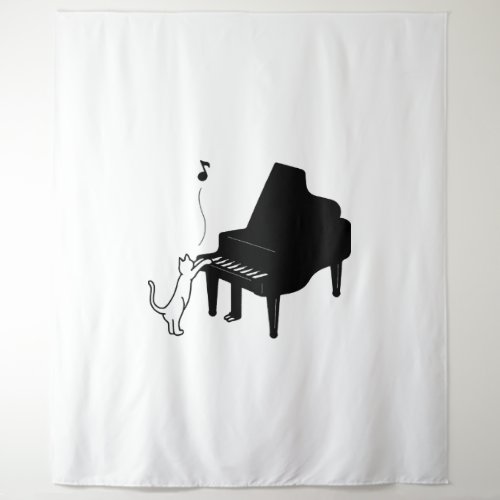 Cute Cat Playing Piano Funny Musician Art Tapestry