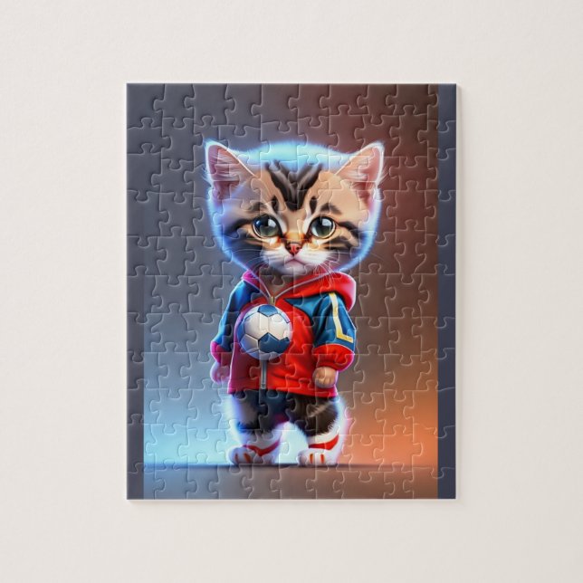 Cute Cat Playing Soccer Jigsaw Puzzle (Vertical)