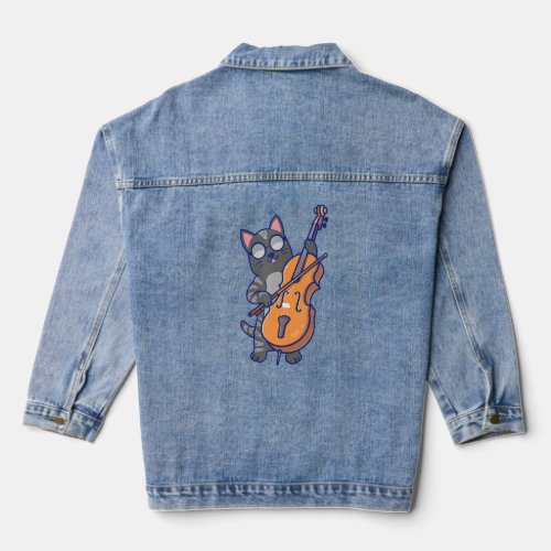 Cute Cat Playing The Cello And Wearing Sunglasses  Denim Jacket