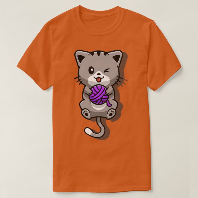 Cute Cat Playing Yarn Ball Cartoon T-Shirt (Design Front)