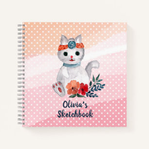 Cute Cat Polka Dot Personalized Sketchbook Notebook