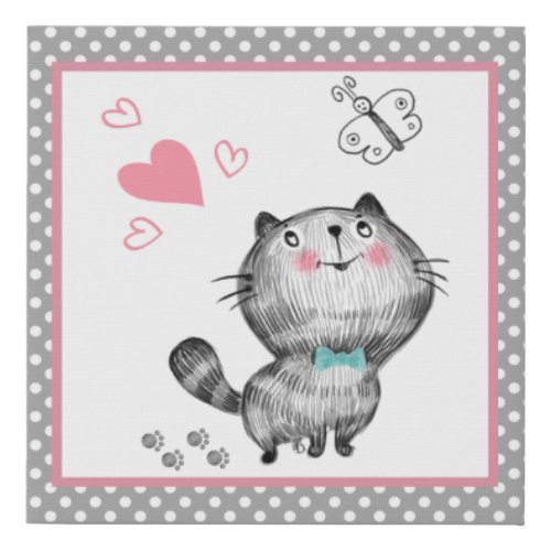 Cute Cat Polka Dots Butterfly Hearts Faux Canvas Print