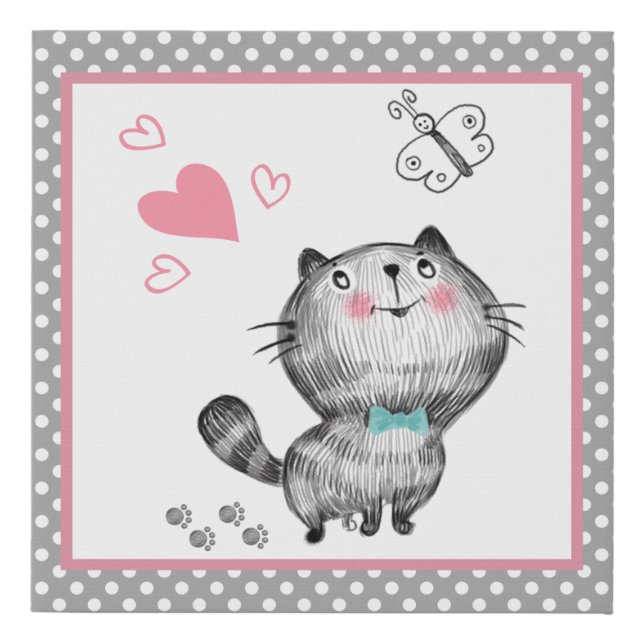Cute Cat, Polka Dots, Butterfly, Hearts Faux Canvas Print (Front)