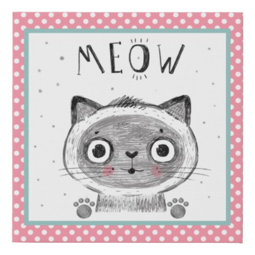 Cute Cat Polka Dots Paws MEOW 2 Faux Canvas Print