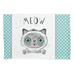 Cute Cat, Polka Dots, Paws MEOW Pillow Case