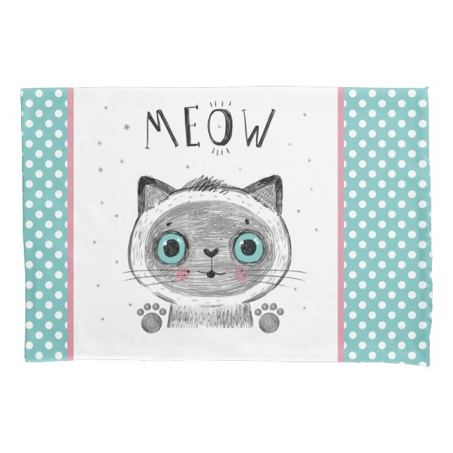 Cute Cat, Polka Dots, Paws MEOW Pillow Case (Front)