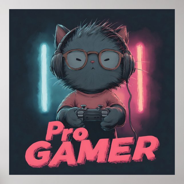 Cute Cat "Pro Gamer" with Headphones Poster (Front)