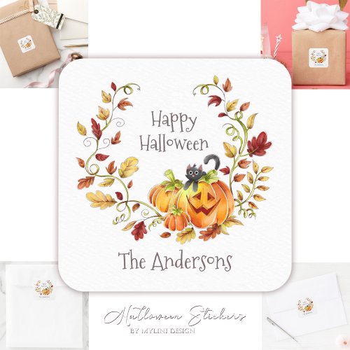 Cute Cat Pumpkins Autumn Leaves Wreath Halloween Square Sticker