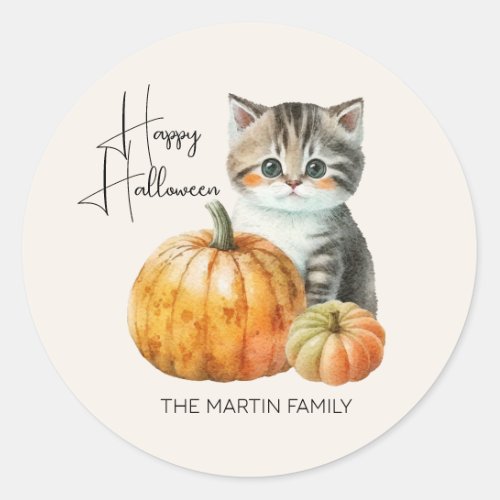 Cute Cat Pumpkins Happy Halloween Name Classic Round Sticker