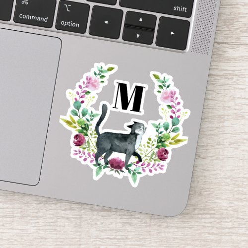 Cute Cat Purple Floral Wreath Monogram Sticker