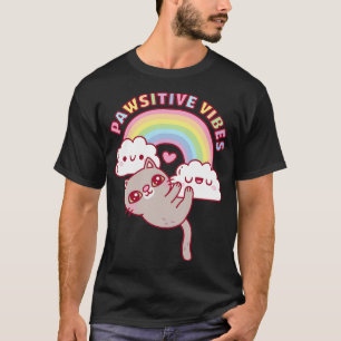 Cute Cat Rainbow And Clouds Pawsitive Vibes T-Shirt