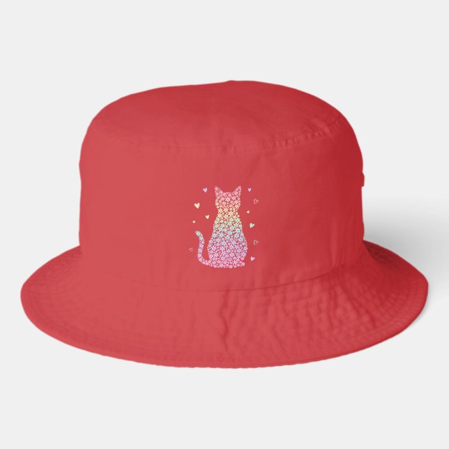  cute cat  rainbow hearts pastel gradient pattern bucket hat (Front)