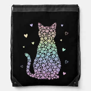 cute cat rainbow hearts pastel gradient pattern drawstring bag