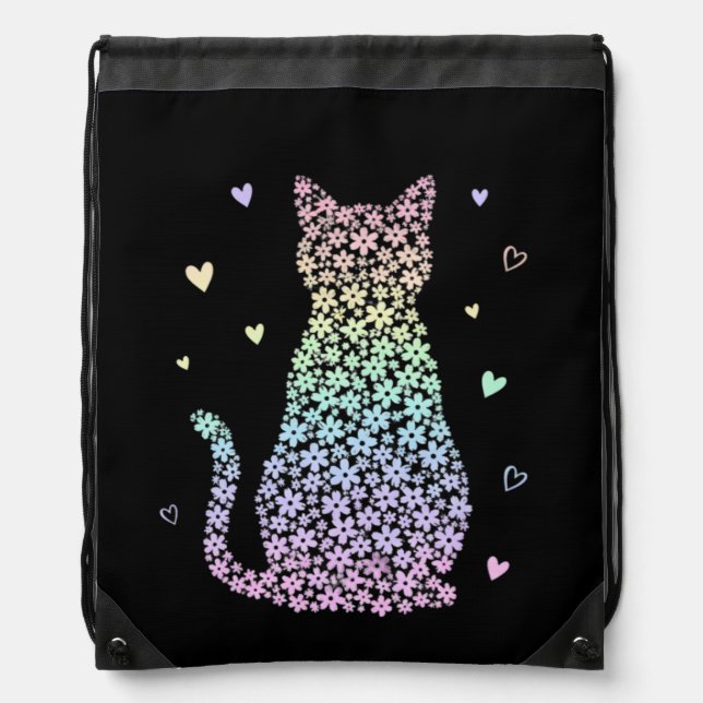  cute cat  rainbow hearts pastel gradient pattern drawstring bag (Front)