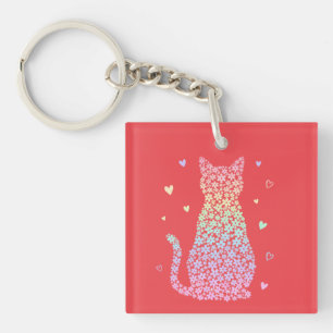 cute cat rainbow hearts pastel gradient pattern keychain