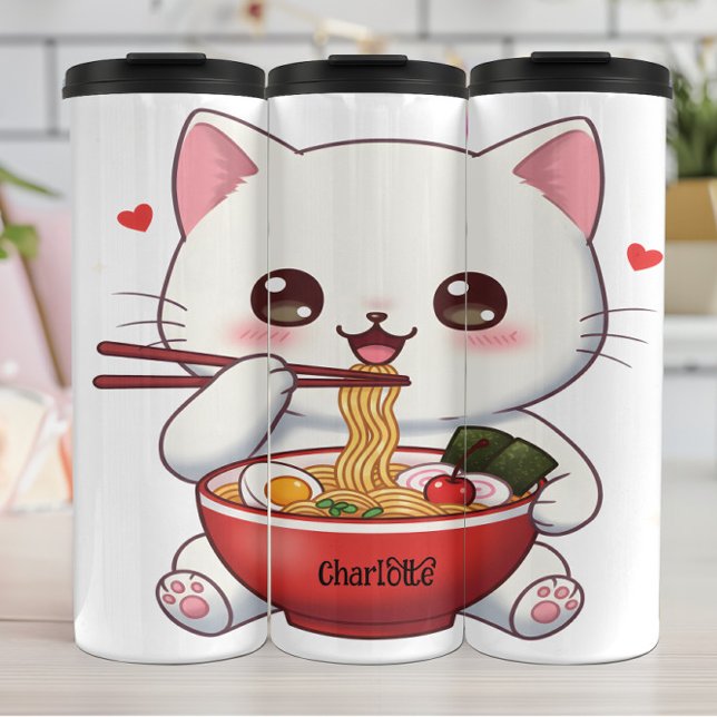 Cute Cat: Ramen Feast, Happy Hearts Thermal Tumbler (Creator Uploaded)