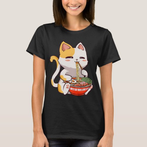 Cute Cat Ramen Noodles Kawaii Anime Girls Teen   T_Shirt