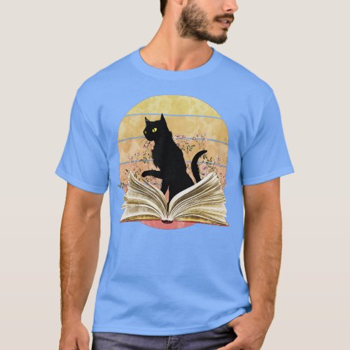 Cute Cat reading a book watercolor sunset style fl T_Shirt