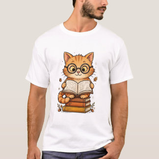Cute Cat Reading a Book with Glasses - Book Lover T-Shirt