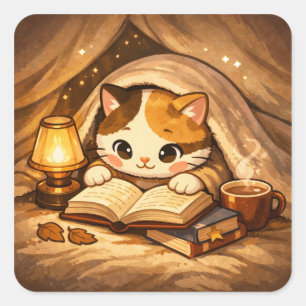Cute Cat Reading Book Cozy Book Lover Cat Square Sticker