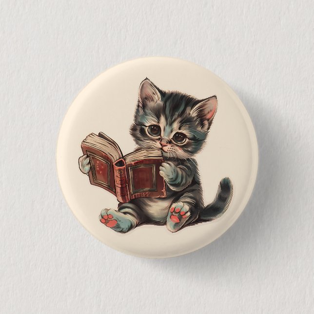 Cute cat reading book retro children illustration button (Front)
