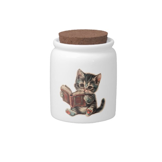 Cute cat reading book retro children illustration candy jar (Front)