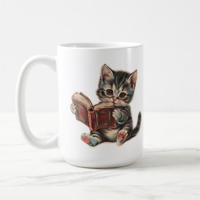 Cute cat reading book retro children illustration coffee mug (Left)