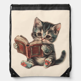 Cute cat reading book retro children illustration drawstring bag