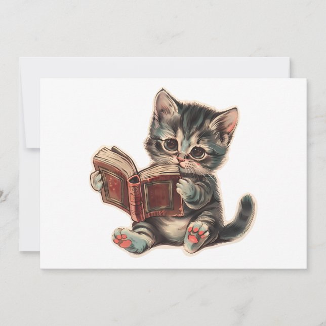 Cute cat reading book retro children illustration invitation (Front)