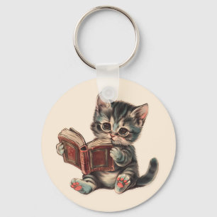 Cute cat reading book retro children illustration keychain
