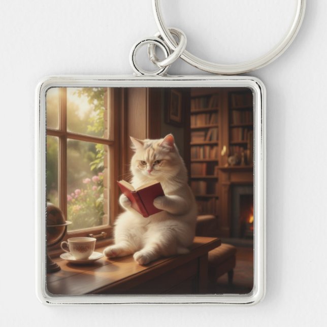 Cute Cat Reading Keychain (Front)