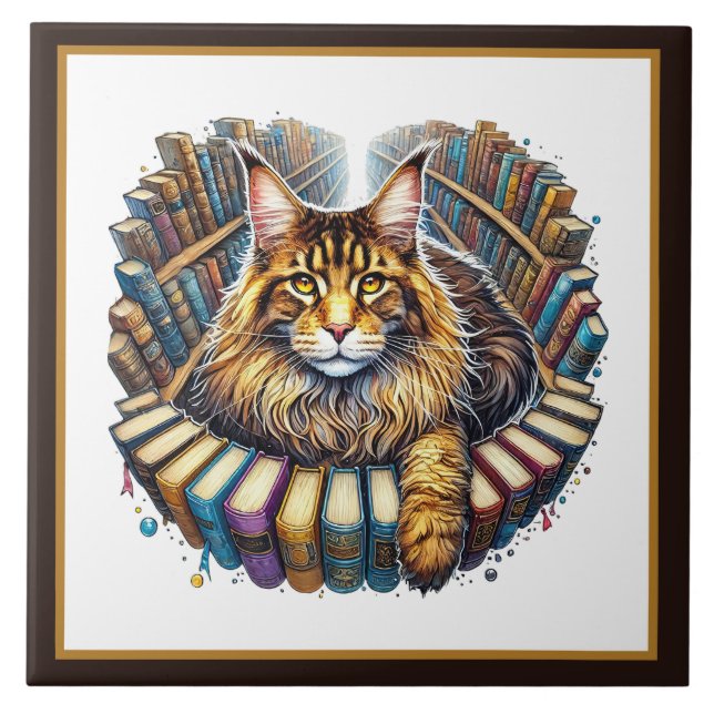 Cute cat reading nook library book lovers  ceramic tile (Front)
