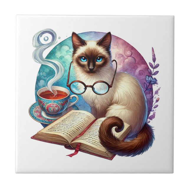 Cute cat reading nook library book lovers  ceramic tile (Front)