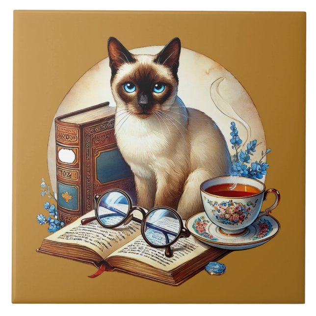 Cute cat reading nook library book lovers  ceramic tile (Front)