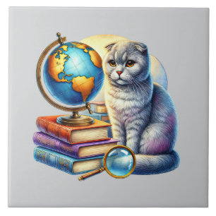 Cute cat reading nook library book lovers ceramic tile