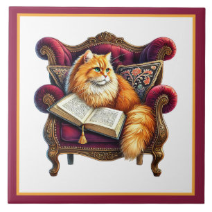 Cute cat reading nook library book lovers ceramic tile