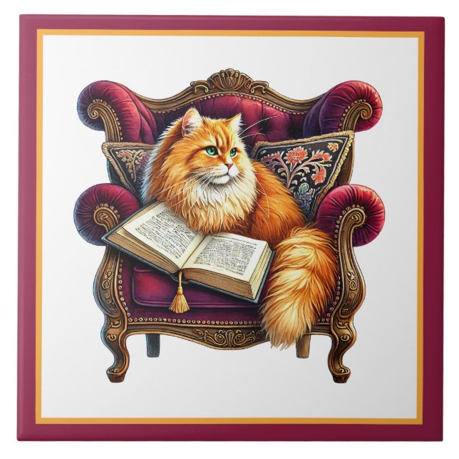Cute cat reading nook library book lovers ceramic tile (Front)