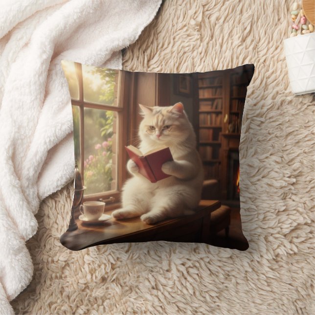 Cute Cat Reading Throw Pillow (Blanket)