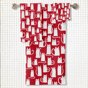 Cute Cat Red and White Bath Towel Set