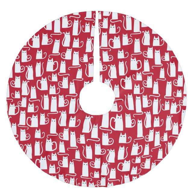 Cute Cat Red and White Brushed Polyester Tree Skirt (Front)