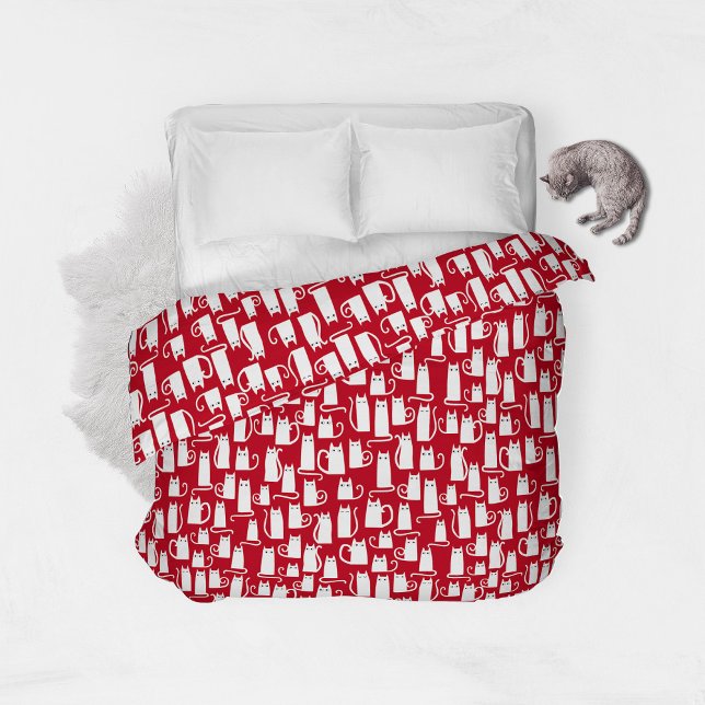 Cute Cat Red and White Duvet Cover (Fun white kitty cats red duvet cover)