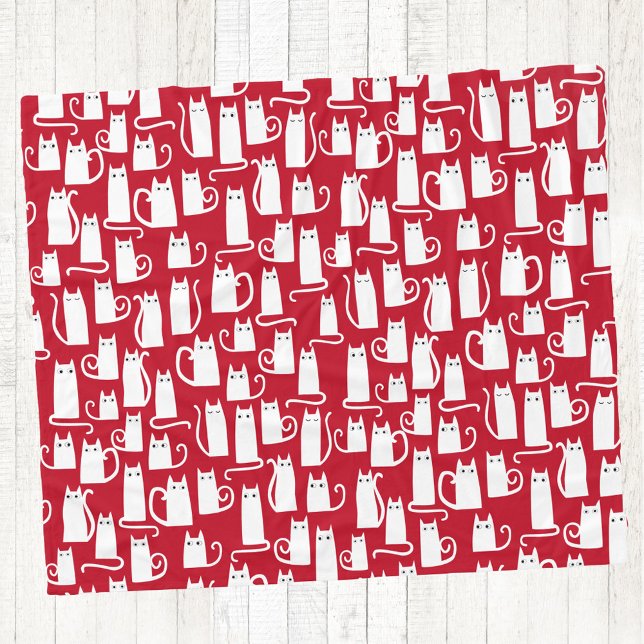 Cute Cat Red and White Festive Fleece Blanket (White cats on red. Fun pattern cozy fleece blanket, ideal for Christmas and the winter holidays)