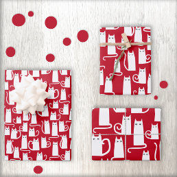 Cute Cat Red and White Festive Wrapping Paper Sheets