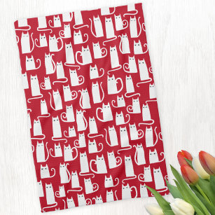 Cute Cat Red and White Kitchen Towel